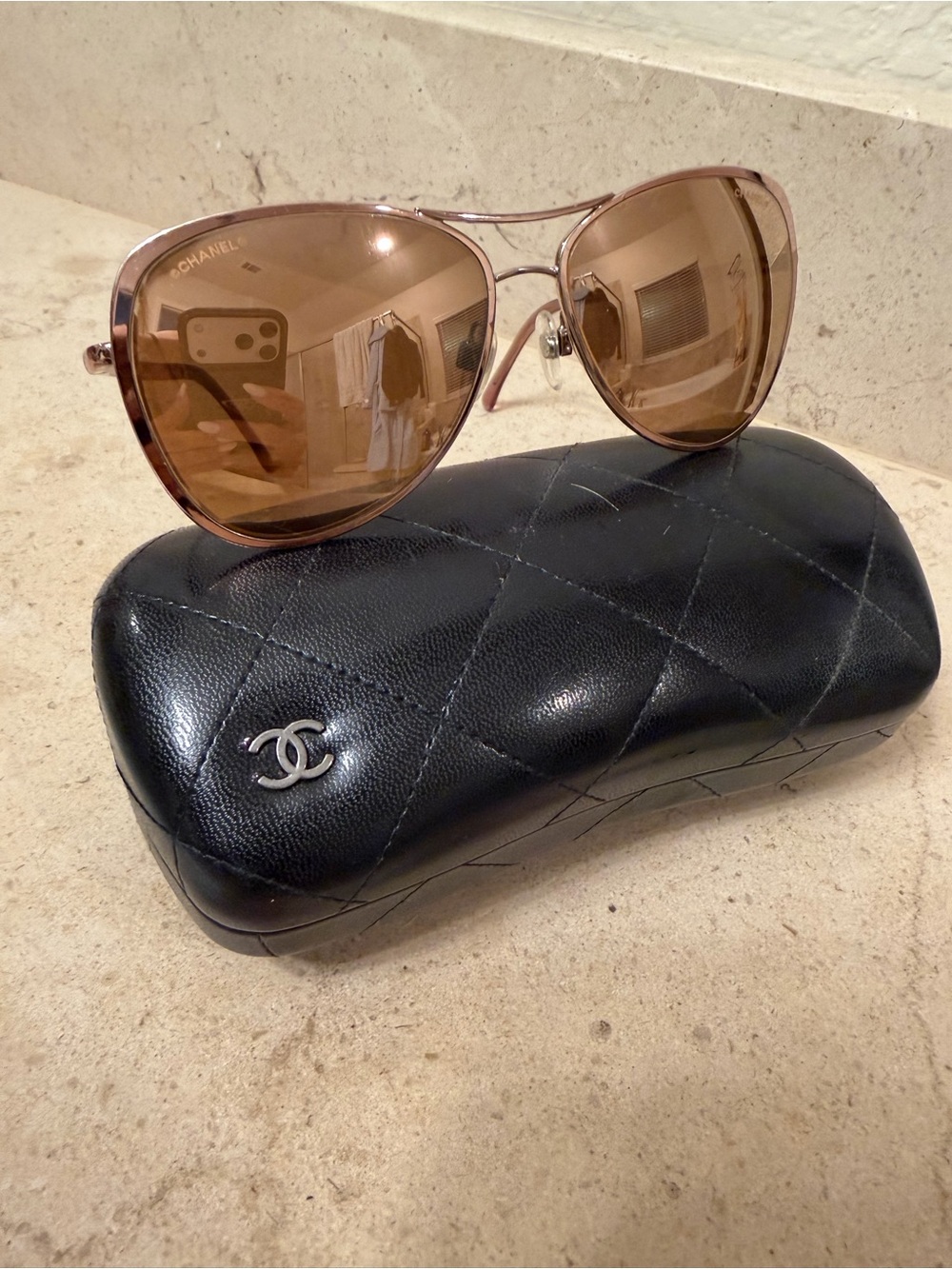 CHANEL Rose Gold Frame Brown Lens Aviator Sunglasses